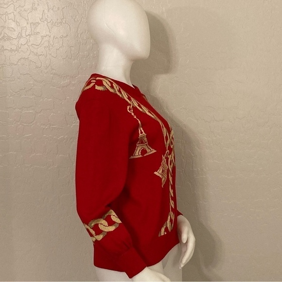 St. John Collection Red/Gold Embroidered Paris Chain Santana Knit Sweater Size 2 - Picture 5 of 12